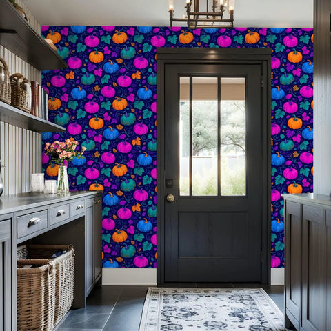 Pumpkin Botanical Instant Peel And Stick Wallpaper Removable Self Adhesive Wallcovering Quick Refresh Temporary Accent Decor For Living Room Super Smooth Install in vibrant colors on a feature wall.