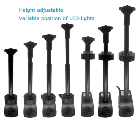 LED Fountain Pump Kit With Mushroom And Blossom Spray Heads height adjustable with 12 color ring, various positions shown