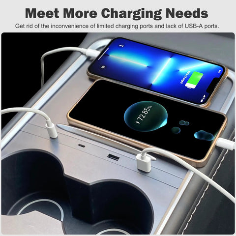 High Speed Car USB Hub Charger for Center Console With Retractable Cables and Docking Station in Model 3 with phones charging