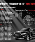 Toyota Gas Cap Fuel Cap Direct Replacement 77300 07030 with Lexus compatibility and SUV, text listing models and part numbers.