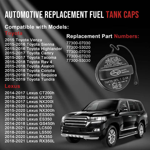 Toyota Gas Cap Fuel Cap Direct Replacement 77300 07030 with Lexus compatibility and SUV, text listing models and part numbers.