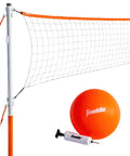 Go To Backyard Volleyball Kit For Ultimate Family Fun Easy Setup portable gear, one inch PVC poles, mesh net, orange volleyball and pump.