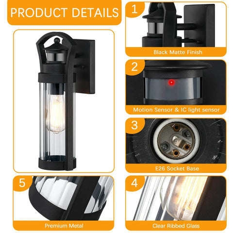 Large 15 Inch Black Dusk To Dawn Outdoor Wall Light With Photocell Sensor And PIR Motion Sensor, Ribbed Glass, wall details