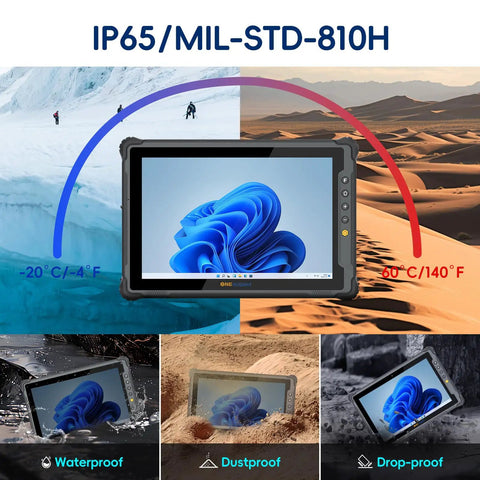 Heavy Duty 10.1 Inch Windows 11 Pro Rugged Tablet With 8GB Ram And 128GB Storage, Military Grade IP65 Waterproof Build, Intel Celeron N5100 Chipset, 4G LTE Field Workhorse, Built To Eat Dirt And Keep Running, Pure Badass Job Site Companion showcasing waterproof and drop-proof features.
