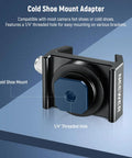Close-up of Rock Solid All Metal Telescope Finderscope Mount Adapter with Cold Shoe and 1/4 Inch Thread on grey background.