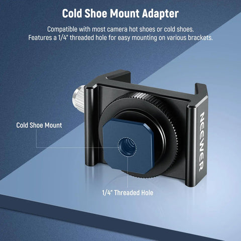 Close-up of Rock Solid All Metal Telescope Finderscope Mount Adapter with Cold Shoe and 1/4 Inch Thread on grey background.