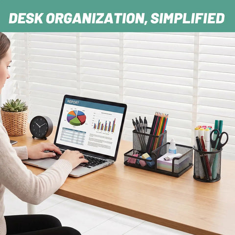 Four Pack Mesh Metal Pen Cup Desk Organizer Set with two three-compartment holders and two round holders on an organized desk.