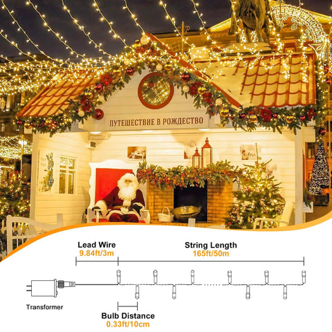165 Ft 500 LED Christmas Lights Outdoor Indoor Plug In Warm White Waterproof Connectable Clear Wire Twinkle Lights For Large Trees Rooms And Holiday Party Decor Create A Cozy Vibe illuminating a holiday house.