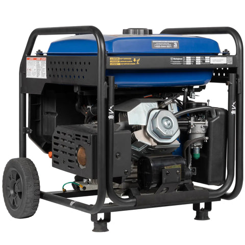10000 Peak Watt Portable Gas Generator With Remote Electric Start And Transfer Switch Ready Build For No Sweat Camping And Reliable Home Emergency Backup Power Featuring 12 Hour Run Time side view showing engine and wheels