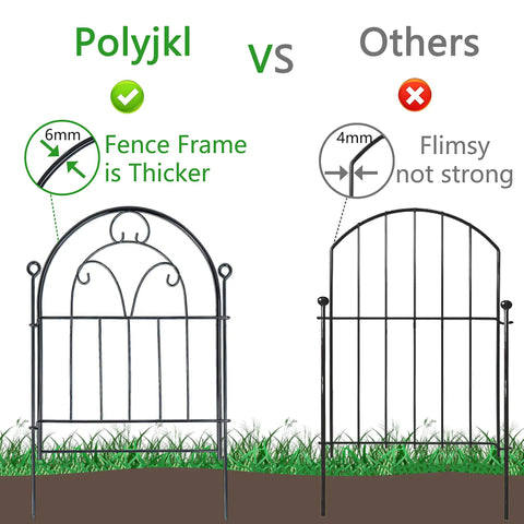 Comparison image of two garden fence panels, highlighting the thicker 6mm frame of Sturdy Rustproof Garden Fence Panels 11ft Long By 21in High 10 Pack No Dig Metal Fence For Yard Dog Barrier Pet Safe Outdoor Border Decorative Garden Edging For Flower Beds Patio And Lawn.