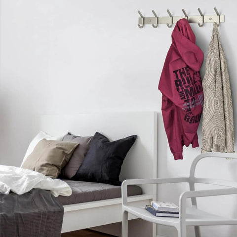 Wall Mounted Coat Rack With 17 Inch Stainless Steel Rail And Six Heavy Duty Double Coat Hooks In Brushed Nickel Finish in bedroom
