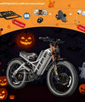 Romeo Pro Electric Bike With 5600W Dual Motors Hitting Fifty Mph Shredding Gnarly Dirt Paths Using Sixty Volt Eighty Amp Hours Cells Yielding Two Hundred Fifty Miles Across Chunky Four Point Zero Foot Tires And Rigid Rear Cargo Bags on a Halloween-themed background.