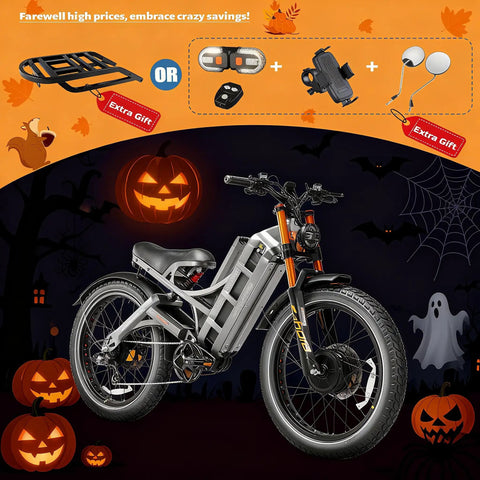 Romeo Pro Electric Bike With 5600W Dual Motors Hitting Fifty Mph Shredding Gnarly Dirt Paths Using Sixty Volt Eighty Amp Hours Cells Yielding Two Hundred Fifty Miles Across Chunky Four Point Zero Foot Tires And Rigid Rear Cargo Bags on a Halloween-themed background.