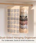 Game Changing Double Sided Hanging Closet Rod Organizer For Bras Underwear And Socks Storage Featuring Multi Grid Pockets in beige.