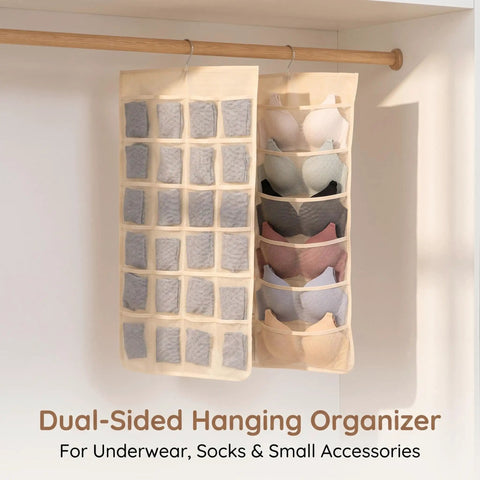 Game Changing Double Sided Hanging Closet Rod Organizer For Bras Underwear And Socks Storage Featuring Multi Grid Pockets in beige.
