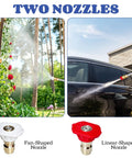 High Pressure Washer Wand With Dual Mode Nozzle Attachments For Garden Hose Power Washing Linear Jet And Wide Fan Spray Hydro Jet Ready For Deep Clean And Wide Area Coverage, showing fan and linear nozzles in garden and car cleaning applications.