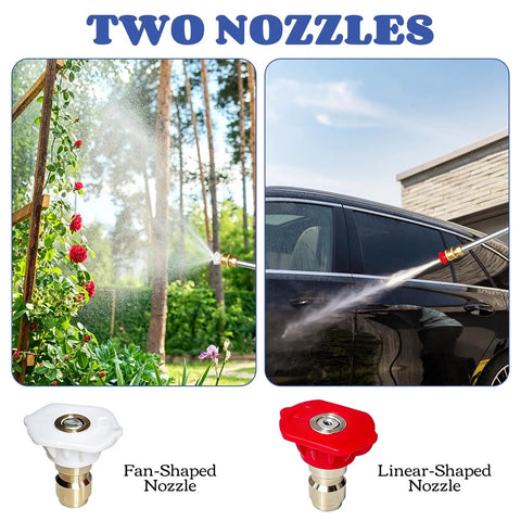 High Pressure Washer Wand With Dual Mode Nozzle Attachments For Garden Hose Power Washing Linear Jet And Wide Fan Spray Hydro Jet Ready For Deep Clean And Wide Area Coverage, showing fan and linear nozzles in garden and car cleaning applications.