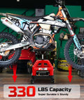 Motorcycle supported by Beefy Heavy Duty Rolling Shop Stool For Garage With Casters Adjustable Height 360 Degree Swivel Seat Tool Tray Storage 330 Lbs Capacity Padded Mechanic Stool Magnetic Tool Hold Red on workshop floor.