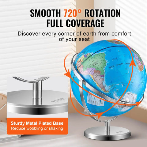 Rotating 13 Inch World Globe With Stand For Kids And Classrooms 720 Degree Spin Precise Time Zone ABS Material Educational Geography