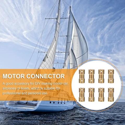 8PC Solid Brass Shaft Coupling Connectors For RC Model Motor Accessories shown with sailing boat in background and couplers displayed.