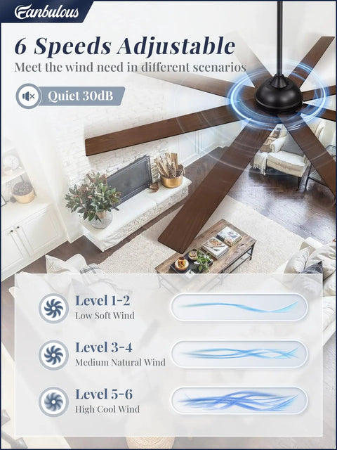 72 Inch Black Ceiling Fan No Light With Remote, highlighting 6 speeds, quiet operation, industrial style, installed in living room