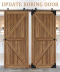 Two wooden barn doors with Black Metal Corner Protector 3.3 By 3.3 By 1 Inches For Wood Furniture And Doors 4 Pack Rust Resistant Zinc Alloy Edge Covers.
