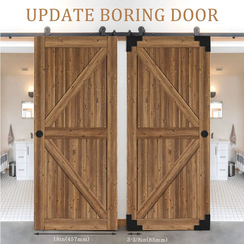 Two wooden barn doors with Black Metal Corner Protector 3.3 By 3.3 By 1 Inches For Wood Furniture And Doors 4 Pack Rust Resistant Zinc Alloy Edge Covers.