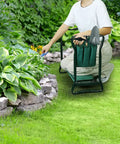 Person using Grab And Go Foldable Garden Kneeler Stool With Tool Pouches And EVA Foam Pad Portable Gardener Kneeling Seat Bench