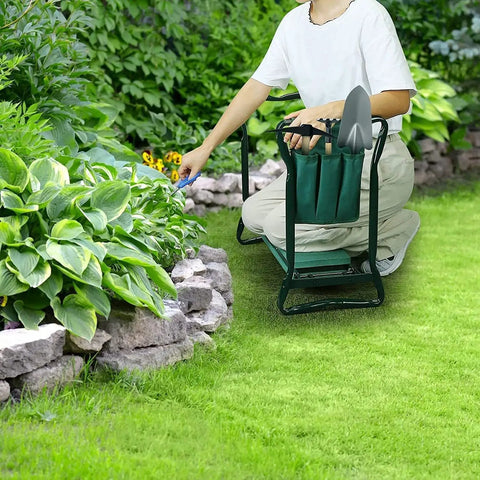 Person using Grab And Go Foldable Garden Kneeler Stool With Tool Pouches And EVA Foam Pad Portable Gardener Kneeling Seat Bench