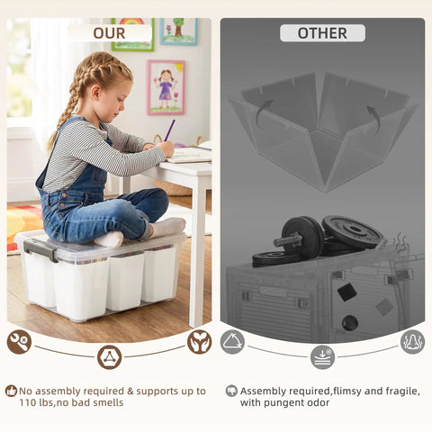 Child sitting on Clear Plastic Storage Bins With Lids 17 Qt Set, Multipurpose Stackable Containers for organizing space.