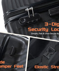 Close-up of 3 Piece ABS Luggage Set With Spinner Wheels Hardside featuring 3-digit security lock, side bumper feet, and elastic strap.