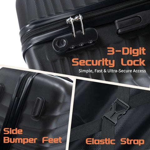 Close-up of 3 Piece ABS Luggage Set With Spinner Wheels Hardside featuring 3-digit security lock, side bumper feet, and elastic strap.