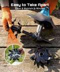 Cordless Tiller Cultivator For Gardening, 20V With Dual 4Ah Batteries, showing detachable blades for easy cleaning.