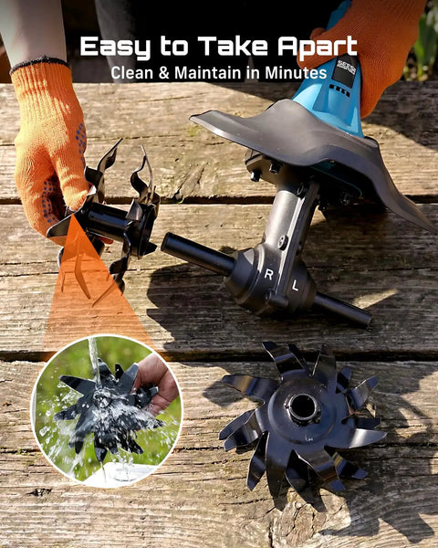 Cordless Tiller Cultivator For Gardening, 20V With Dual 4Ah Batteries, showing detachable blades for easy cleaning.