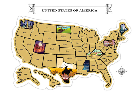 Scratch Off USA Map Wall Art Kit With Hand Drawn Travel Design Laminated For Home Decor Deluxe States Tracker features colorful state illustrations.