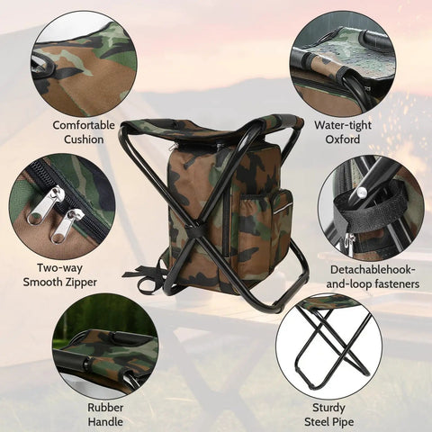 Close-up of Foldable Camping Chair Backpack with Built In Cooler featuring camouflage pattern, steel frame, and multiple storage pockets.
