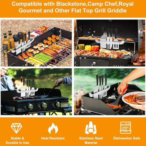 Magnetic Design 10 Inch Griddle Spatula Holder Stainless Steel Tool Rack For Flat Top Griddles And Grills Grab And Go Barbecue Organizer Durable Kitchen Accessories 2 Pack shown installed on various grills with tools.