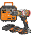 Brushless Cordless Hammer Drill With Two 20 Volt Batteries And Active Hammer Action For Concrete Masonry And Wood That Straight Up Crushes Every DIY Job And Handles Tough Home Projects Like A Boss, shown with charger and batteries.