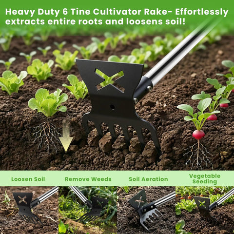 2-In-1 Garden Hoe And Weed Puller Tool With Long Handle For Lawn And Garden, Heavy Duty Manual Weeding Rake With 57 Inch Reach, 6-Tine Weeder displayed in garden soil.