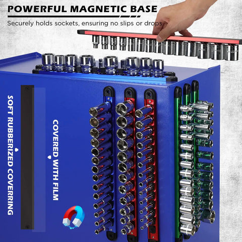 Heavy Duty Magnetic Socket Organizer Set With 360 Degree Swivel Clips Aluminum Socket Rack Kit For One Half Inch Three Eighths Inch And One Quarter Inch Sockets Holds 240 Sockets In Tool Box Drawer shown on blue wall