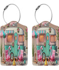 Camping RV Luggage Tag with Stainless Steel Ring, PU Leather Travel Suitcase Tag, depicting a retro camper design, Road Trip Ready Travel Accessory