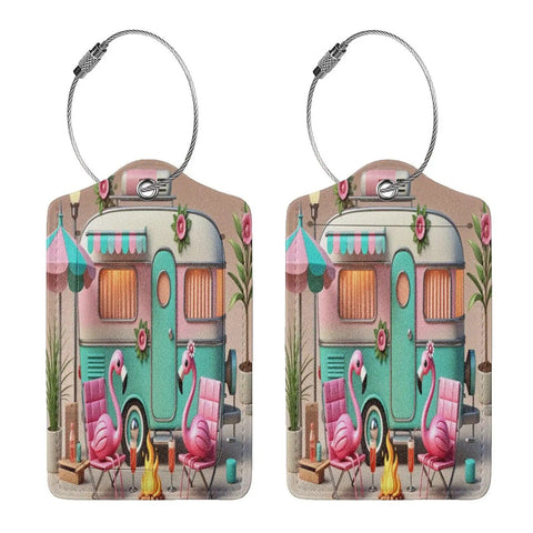 Camping RV Luggage Tag with Stainless Steel Ring, PU Leather Travel Suitcase Tag, depicting a retro camper design, Road Trip Ready Travel Accessory