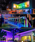 42W RGBW Wall Washer Light Bar IP66 Waterproof Flood Light illuminating houses with vibrant color changes at night for events.
