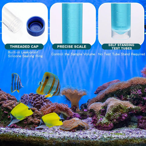 12 Pack Replacement Test Tubes For Aquarium Water Testing, showing threaded cap, scale lines, and self-standing feature