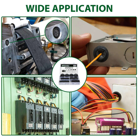 Wide application of 52 Piece Rubber Grommets Kit With Firewall Hole Plugs In Six Hole Sizes for wire protection in automotive and electrical setups.