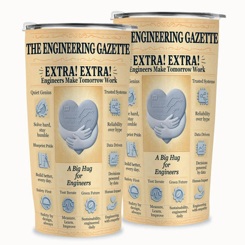 20 Oz Insulated Tumbler With Newspaper Inspired Blueprint And Circuit Design Stainless Steel Travel Mug Keeps Drinks Hot Ideal Gift For Engineers Students Graduates PEs And EITs Retirement And Appreciation, featuring engineering graphics and icons.
