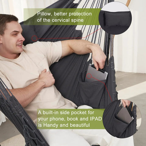 Man relaxing in Cozy Macrame Hammock With Stand And Phone Holder, Double Hanging Swing Chair showing side pocket and pillow support.