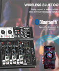 4 Channel Audio Mixer For Karaoke And DJ Sessions With Dual Wireless Microphones Independent Mic Control Bluetooth MP3 USB Interface 48V Phantom Power For PC Studio Recording And Party Boss Sound Board visible with Bluetooth feature.