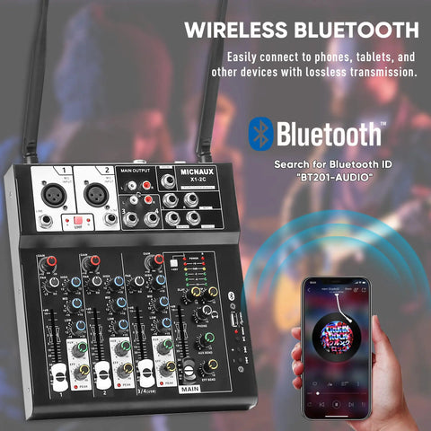 4 Channel Audio Mixer For Karaoke And DJ Sessions With Dual Wireless Microphones Independent Mic Control Bluetooth MP3 USB Interface 48V Phantom Power For PC Studio Recording And Party Boss Sound Board visible with Bluetooth feature.