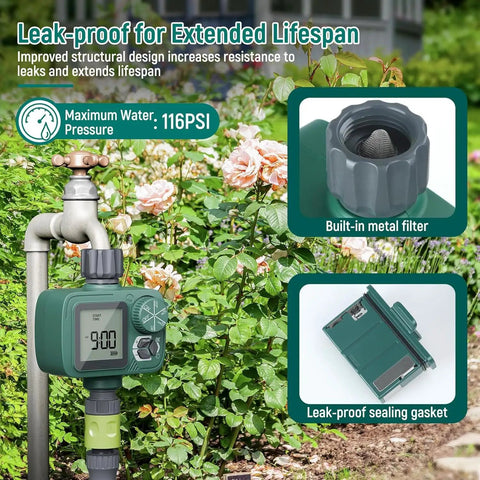Programmable Sprinkler Timer with Rain Delay, Manual and Automatic Watering, Hose Timer for Garden, Lawn and Yard, Digital Drip Irrigation for Outdoor Use, 1 Outlet installed on hose near flowers